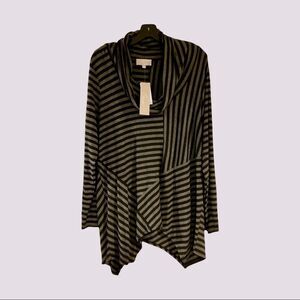 Joan Vass NY Black & Gray Striped Cowl Neck Top with Asymmetrical Hem